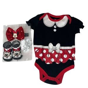 Disney Baby Girl's 6/9M Minnie Mouse One Piece With Booties Headband And Bow